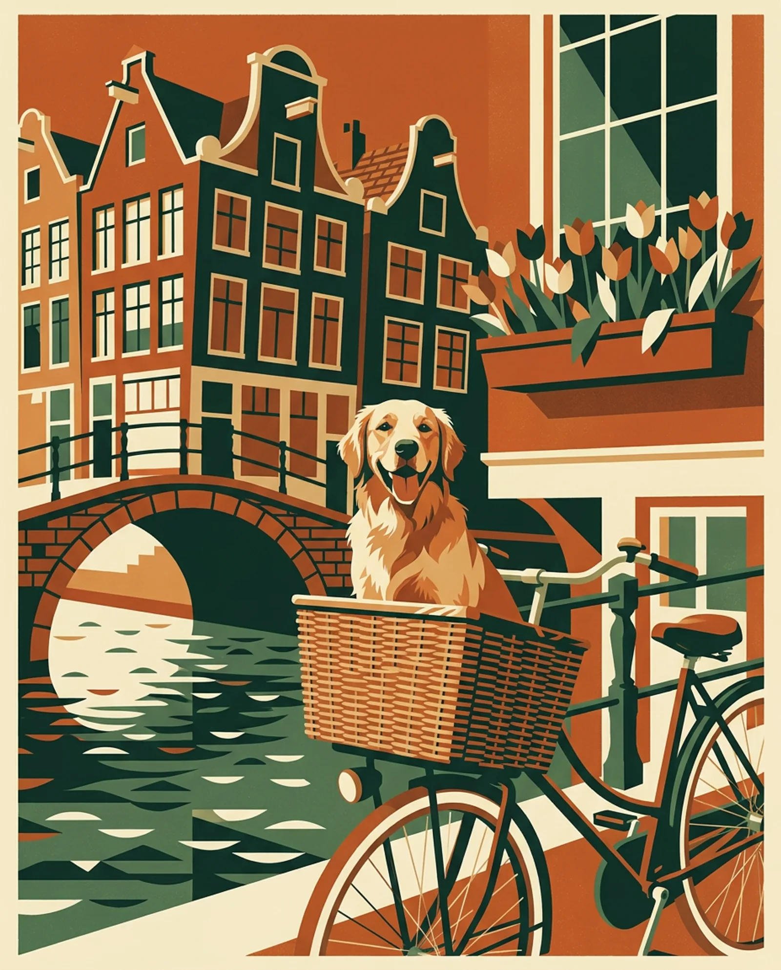 Amsterdam — A bicycle basket, a canal and houses leaning together.