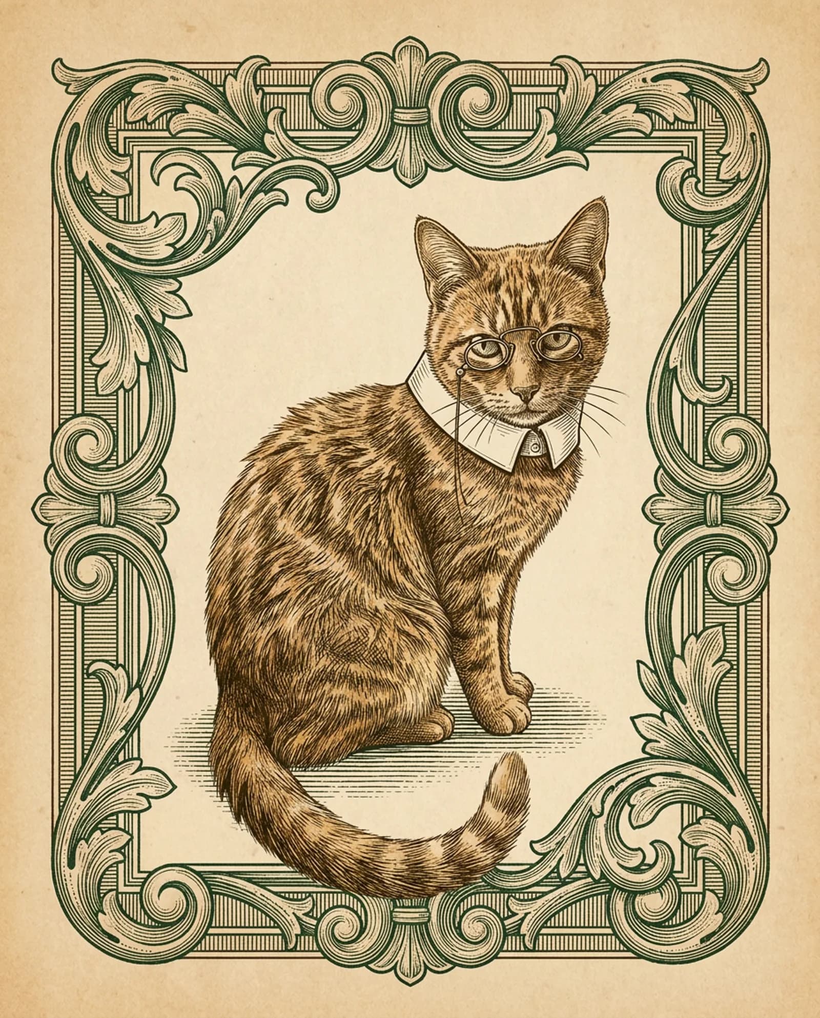 The Apothecary — Pince-nez, engraved border and a very serious expression.