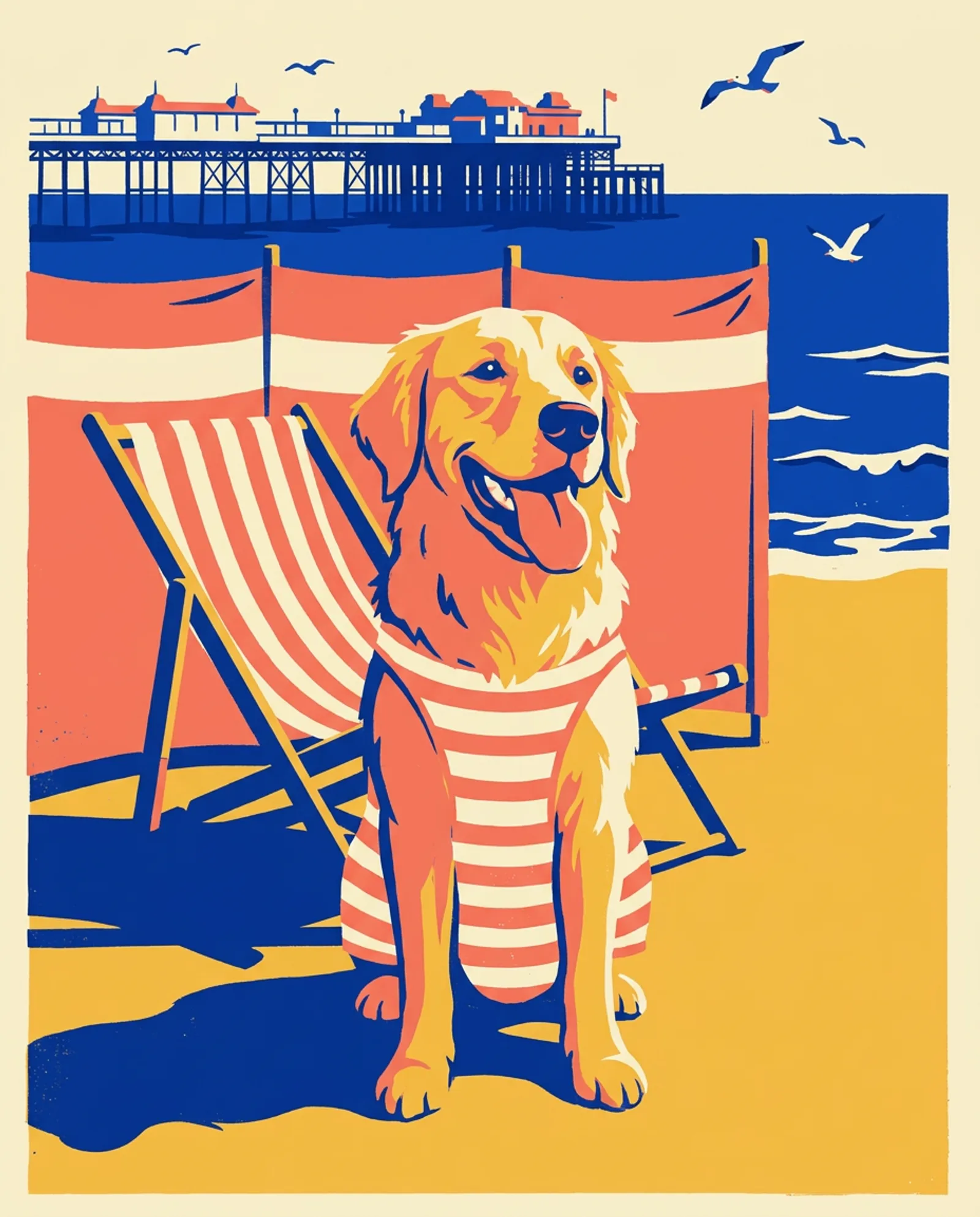 The Seaside — Deckchair, windbreak and a pier in the middle distance.
