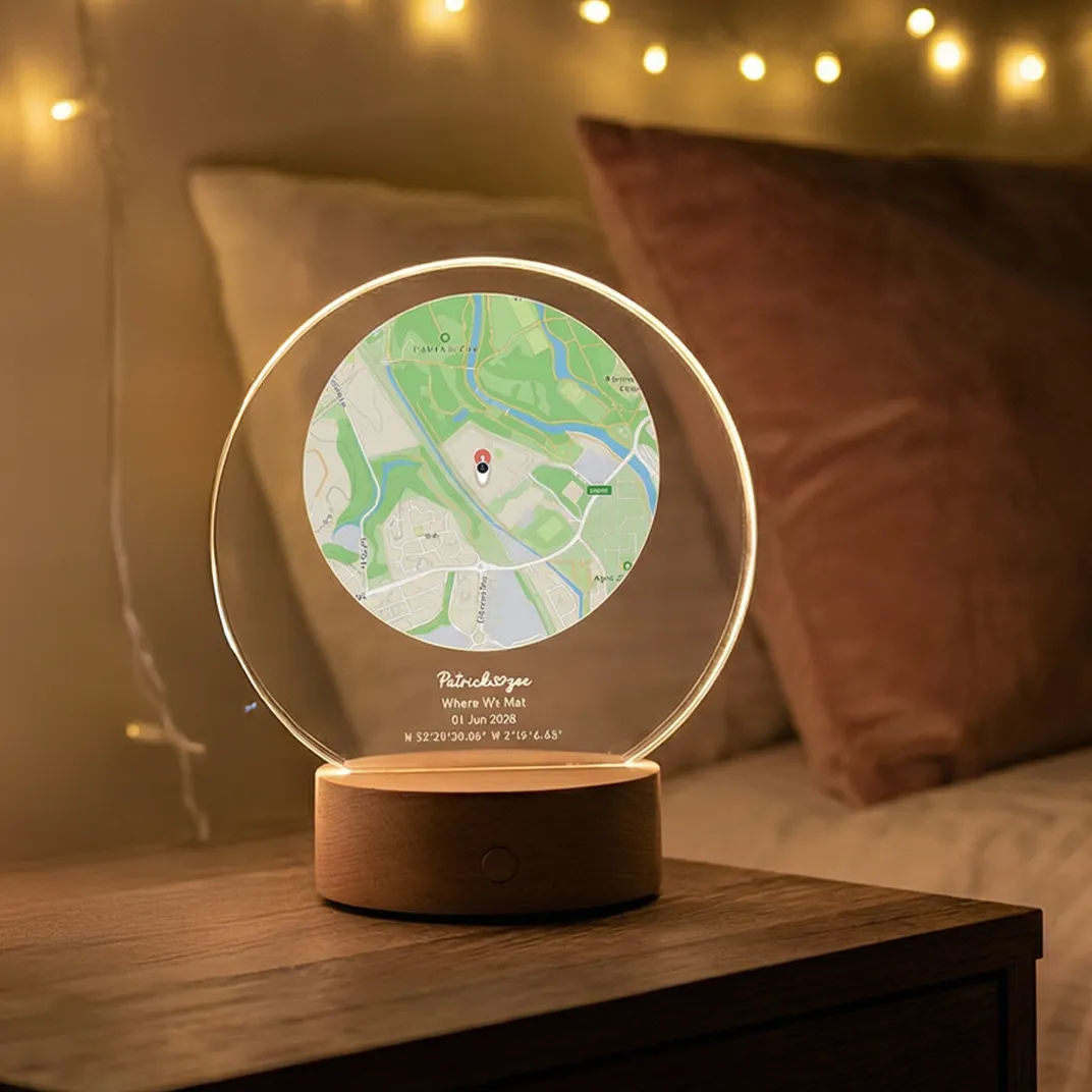 Round Map Plaque - Where We Met LED Night Light - personalised gift