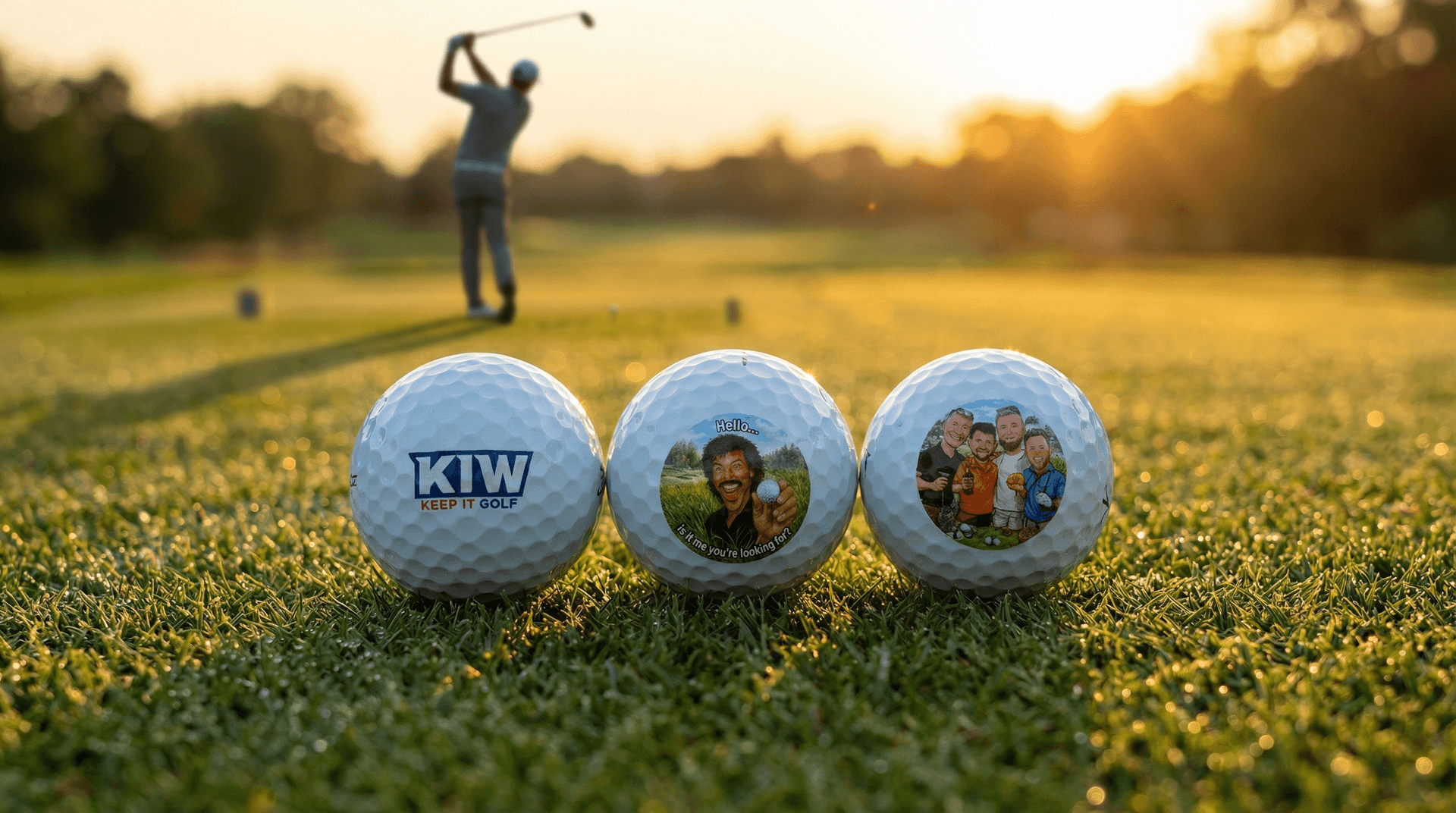 Personalised Titleist Pro V1 golf balls on a pristine golf course at golden hour