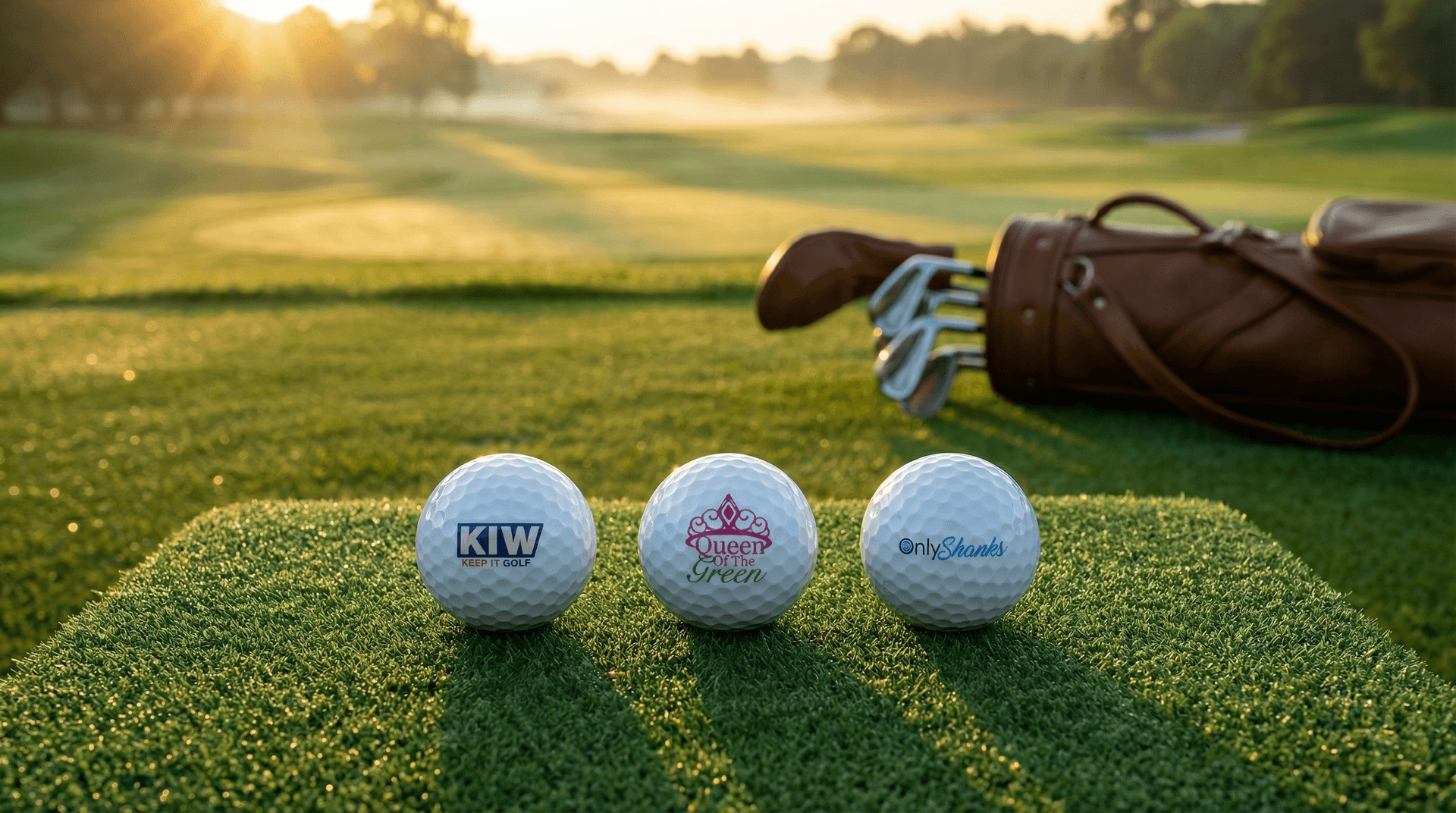 Custom TaylorMade TP5x golf balls at a luxury golf club driving range at sunrise