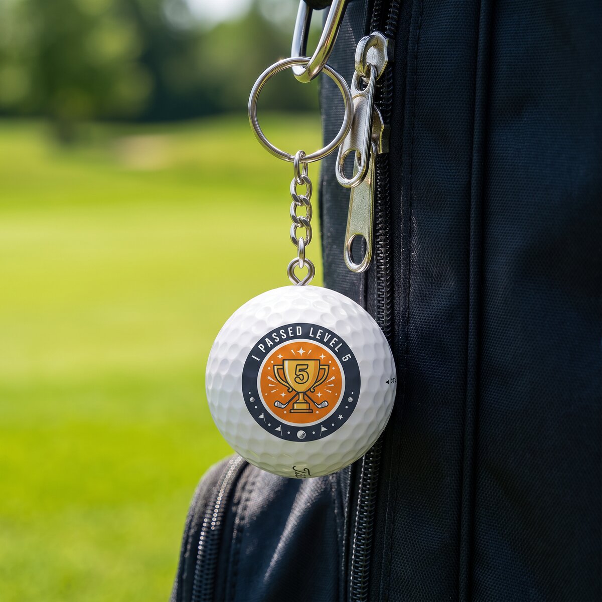 A golf ball keyring printed with an I Passed Level 5 trophy badge, clipped to a golf bag on the course